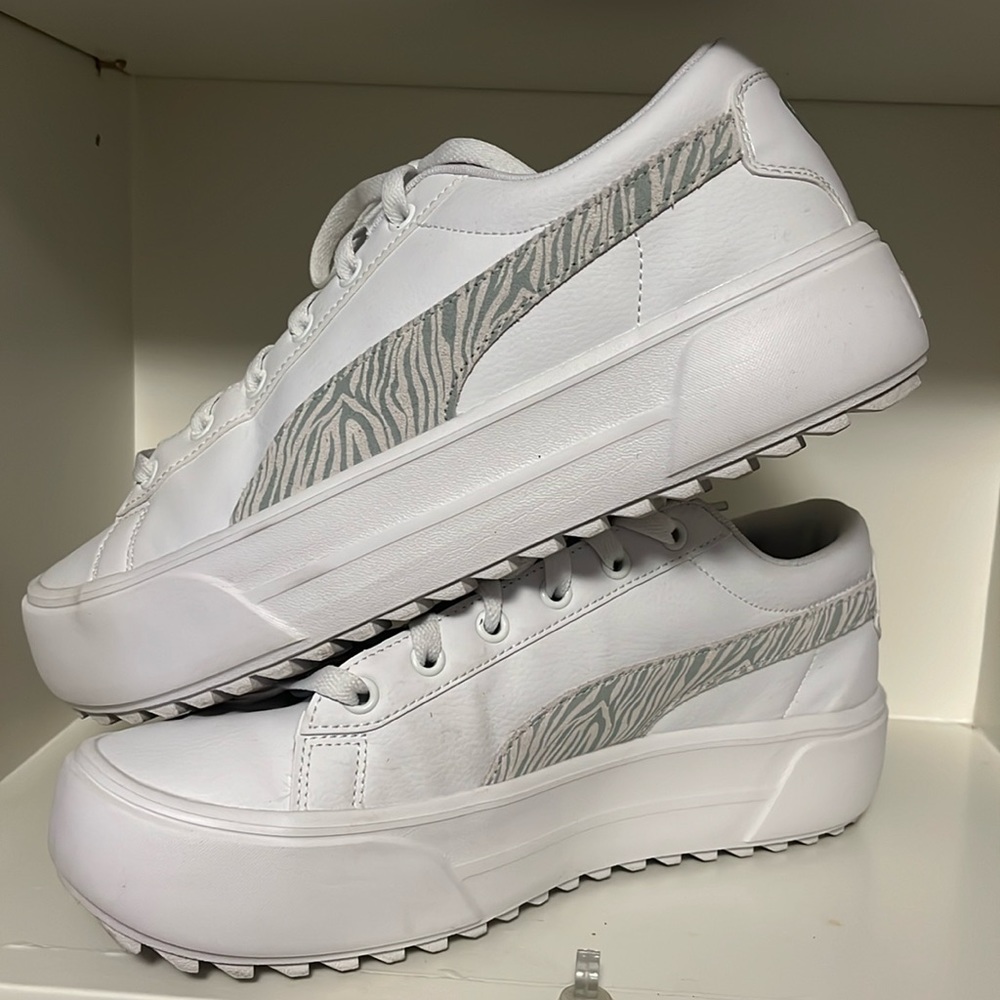 White with grey animal print, worn once, in original box